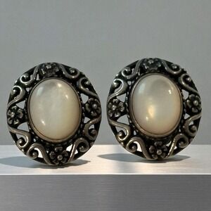 Carolyn Pollack Relios Earrings 925 Sterling Silver Moonstone Clip On VTG Floral